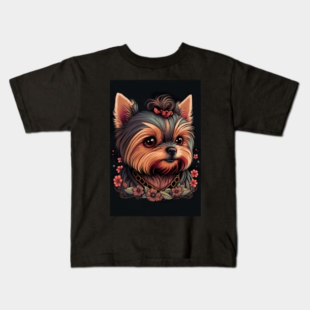 Super Cute Yorkshire Terrier Puppy Portrait - Japanese style Kids T-Shirt by KoolArtDistrict